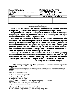 Đề kiểm tra Giữa học kỳ I môn Tiếng Việt Lớp 5 - Năm học 2019-2020 - Trường Tiểu học Tân Đồng (Có đáp án)
